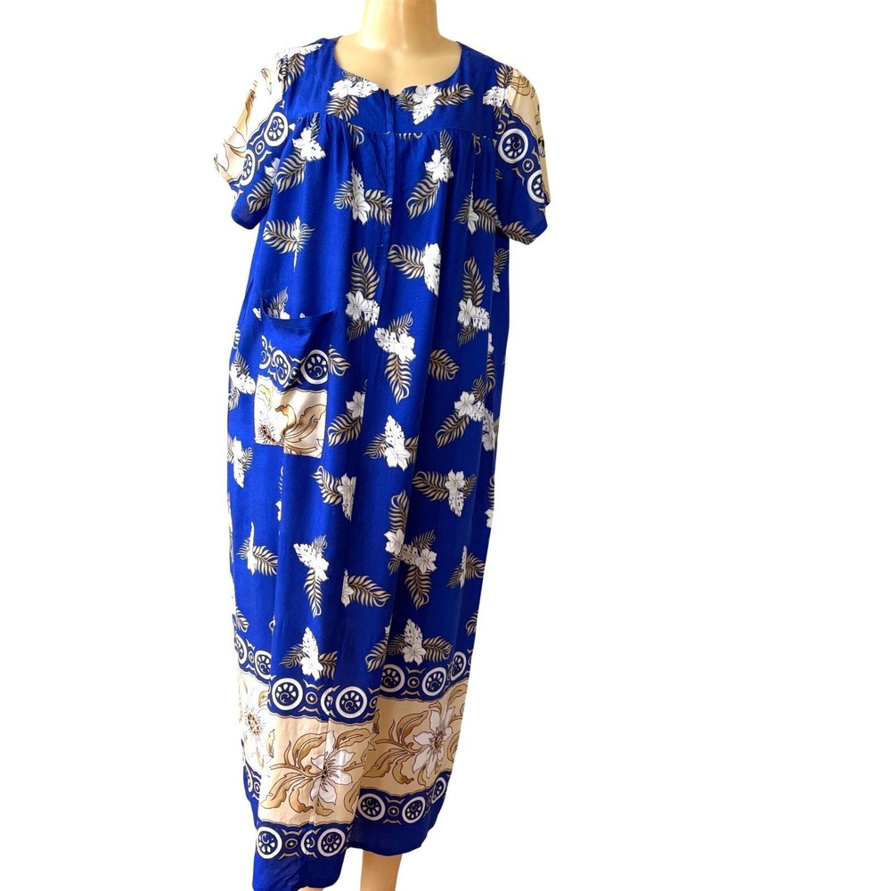 Vintage Hawaiian Victor Sports Blue Floral Midi Dress Retro Resort M/L - Picture 2 of 10